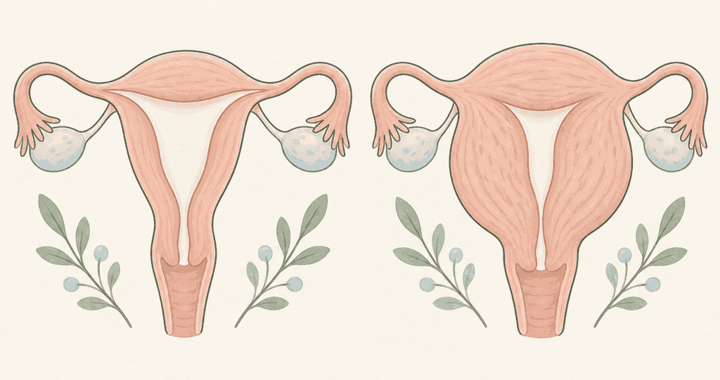 Side-by-side illustration of a typical uterus and a rounder uterus with a thicker muscle wall.