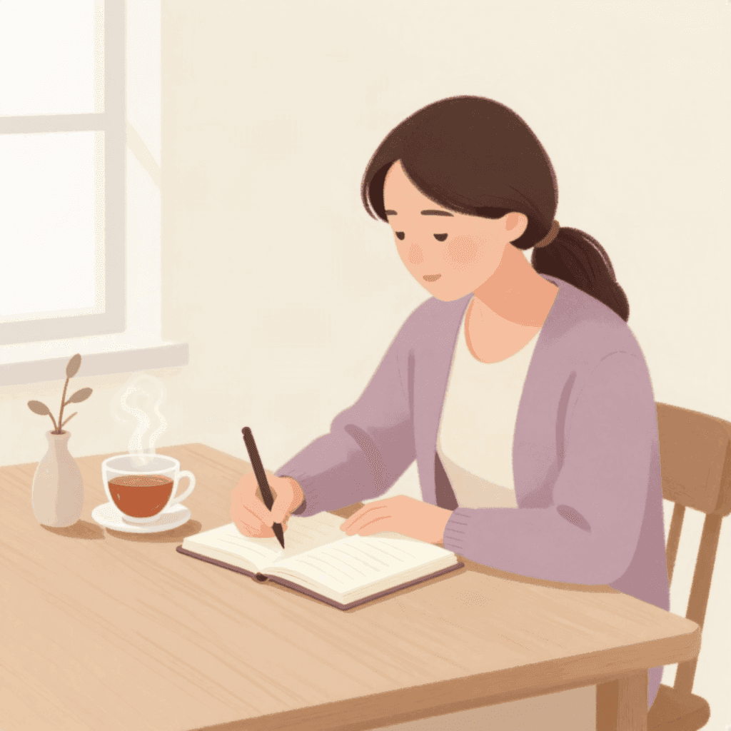 Illustration of a woman in a soft plum cardigan sitting at a table and writing in a small notebook, with a cup of tea beside her.