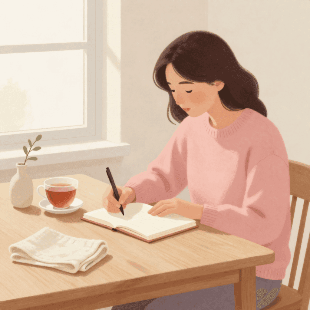 Illustration of a woman in a pink knit sweater writing in a small notebook at a wooden table by a window, with a cup of tea beside her.