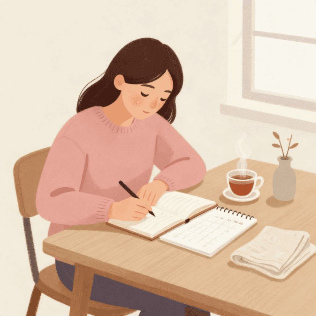 Illustration of a woman in a pink knit sweater writing in a small notebook at a table, an open paper calendar and a cup of tea beside her