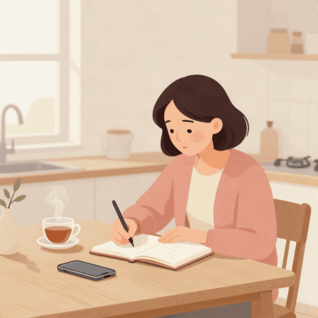 Illustration of a woman in a pink cardigan writing in a small notebook at a kitchen table, with a phone, a cup of tea and a small plant beside her.
