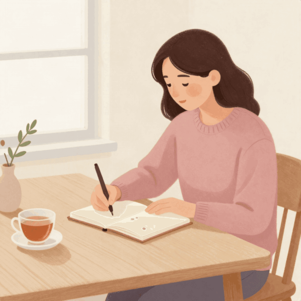 Illustration of a woman in a pink sweater writing in a small notebook at a wooden table, with a cup of tea beside her.