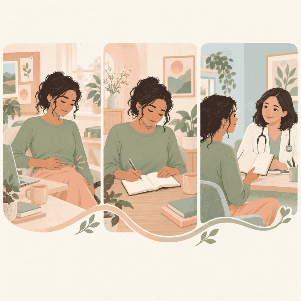 Three panels show a woman noticing a cramp, writing in a notebook, and sharing the notebook with a doctor.