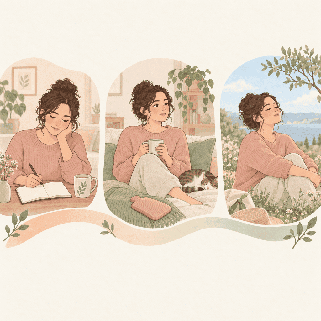Three panels show the first months on a new medicine: writing in a notebook, resting with a heat pad set aside, then relaxed outdoors.