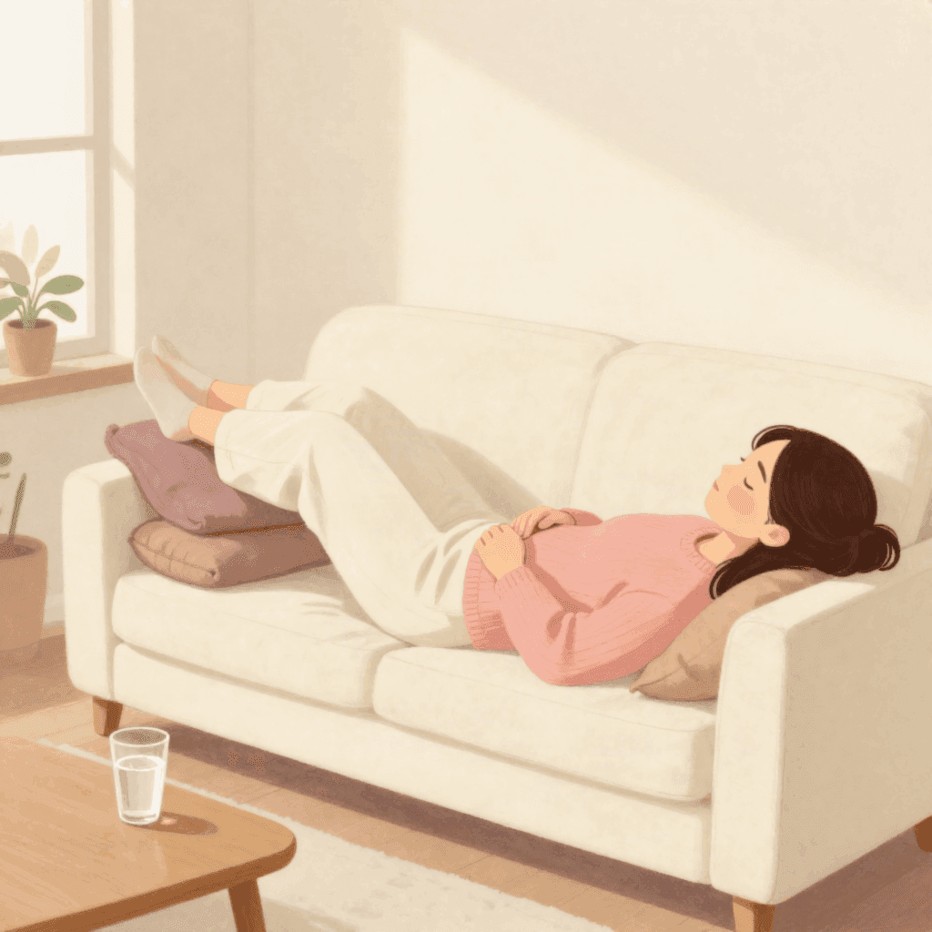 Illustration of a woman in a pink sweater lying on a sofa with her feet raised on two cushions, a glass of water on the table beside her.