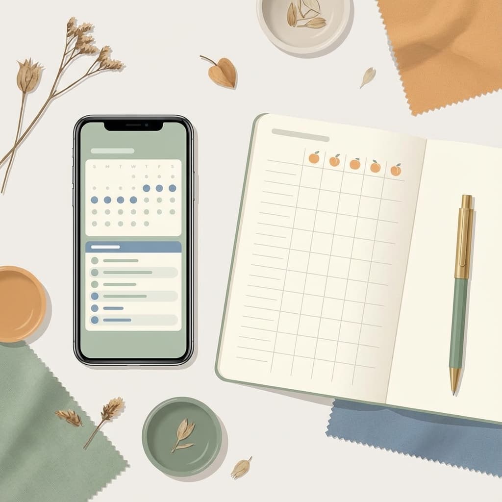Flat-lay illustration of symptom tracking with a journal and devices