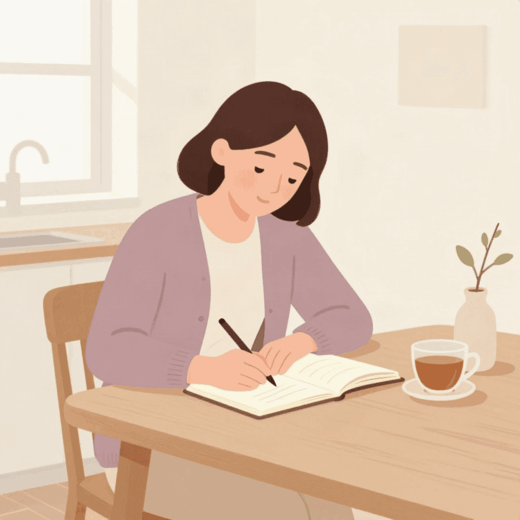 Illustration of a woman in a plum cardigan at a kitchen table, writing in a small notebook, with a cup of tea and a small vase beside her.