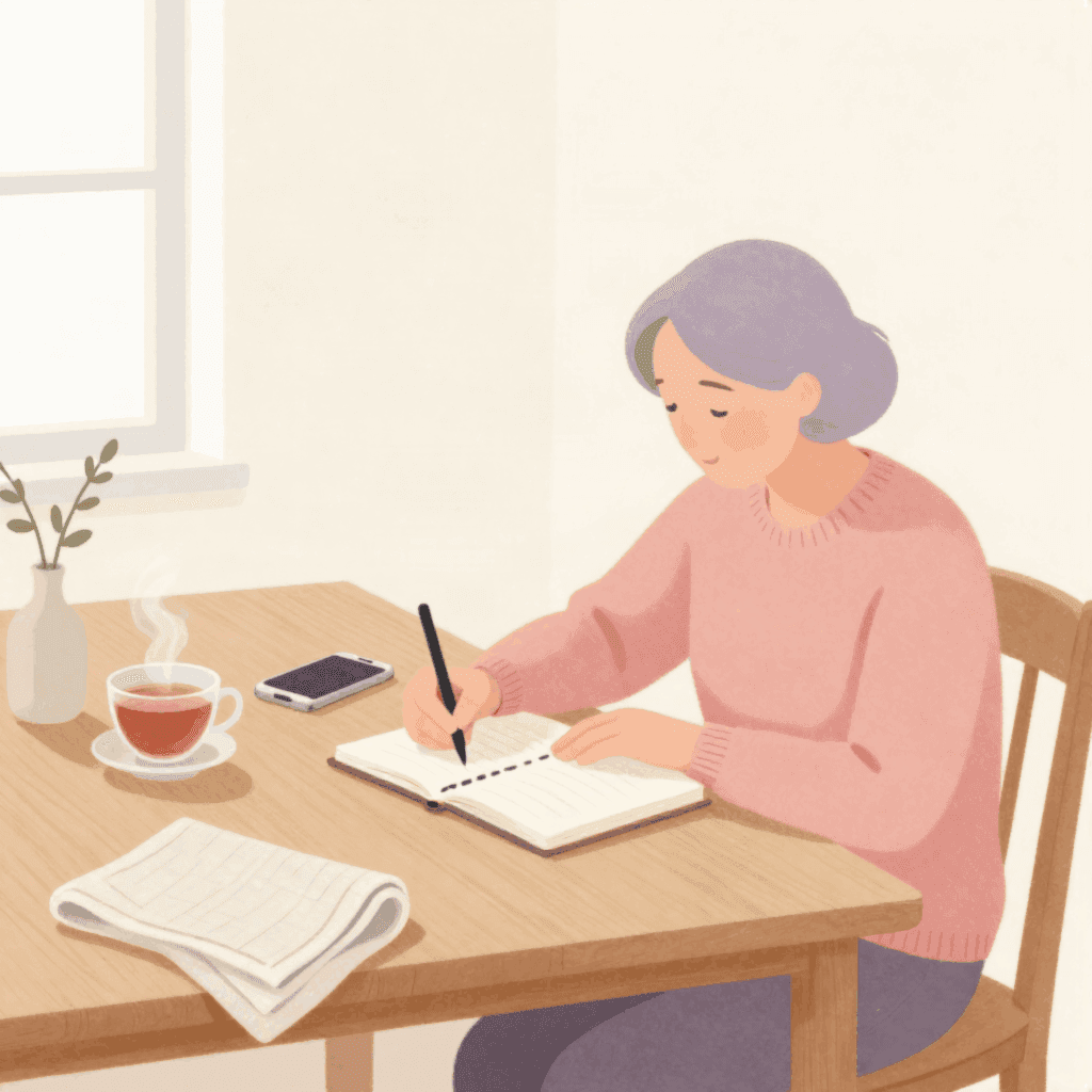 Illustration of an older woman in a pink sweater writing in a small notebook at a wooden table, with a cup of tea and a phone beside her.