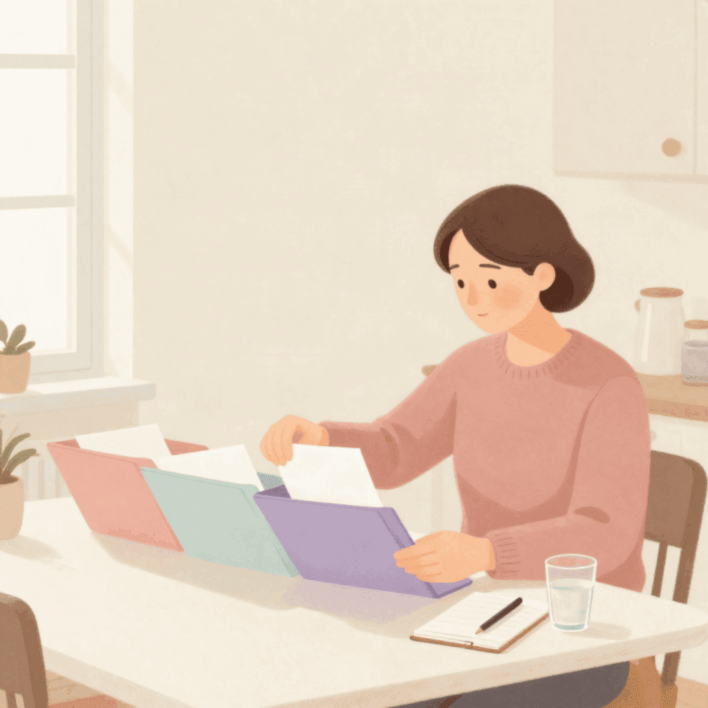 Illustration of a woman in a pink sweater at a kitchen table sorting papers into three folders, with a notebook and a glass of water beside her.