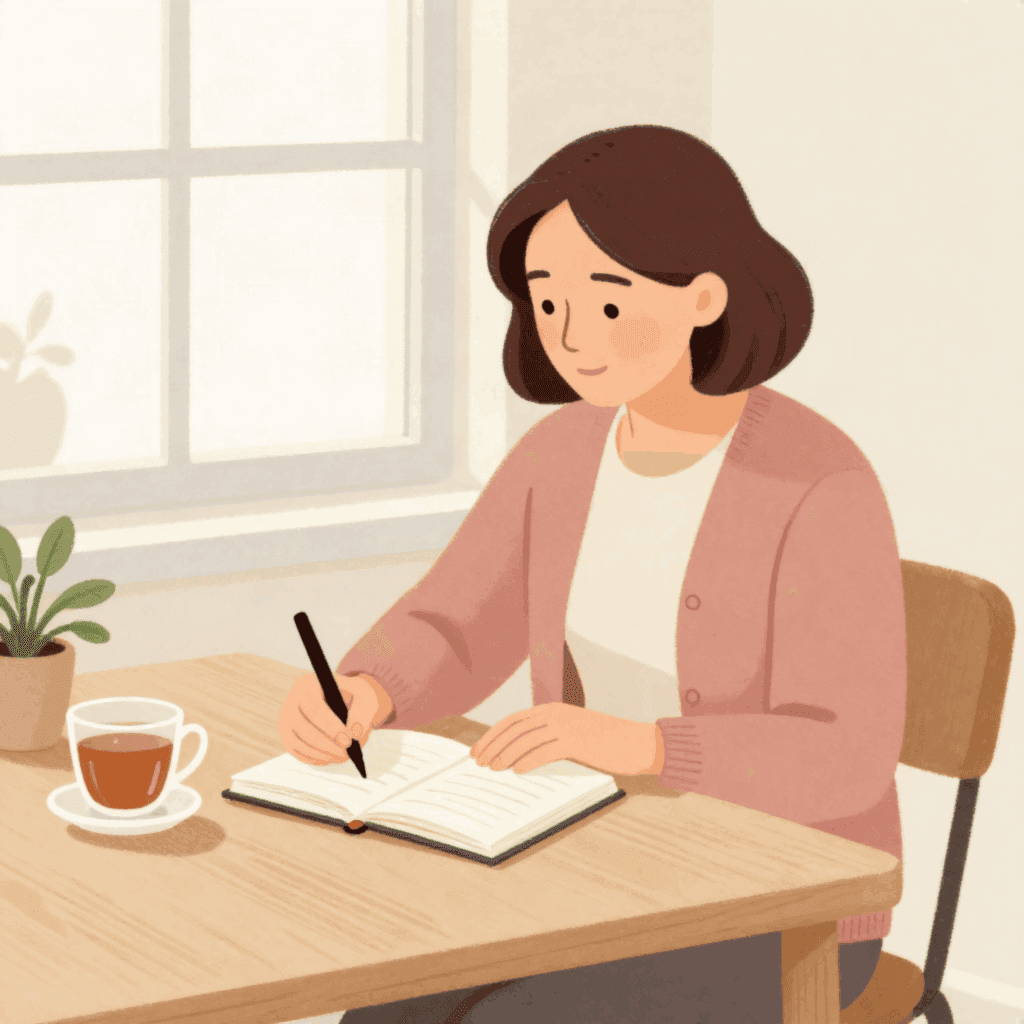 Illustration of a woman in a pink cardigan writing in a small notebook at a wooden table, with a cup of tea and a plant beside her.