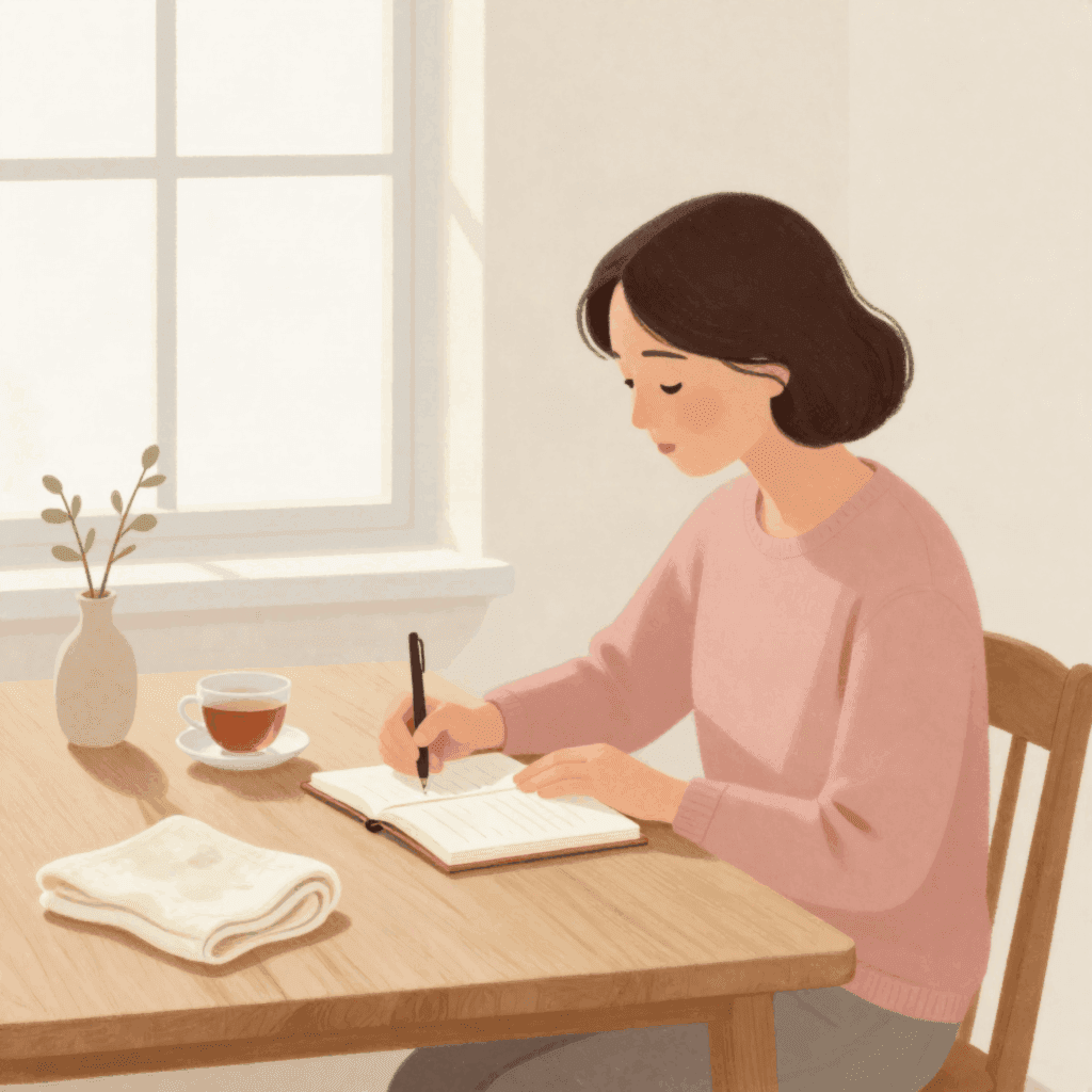 Illustration of a woman in a rose sweater at a wooden table by a window, writing in a small notebook, with a cup of tea, a small vase and a folded cloth beside her.