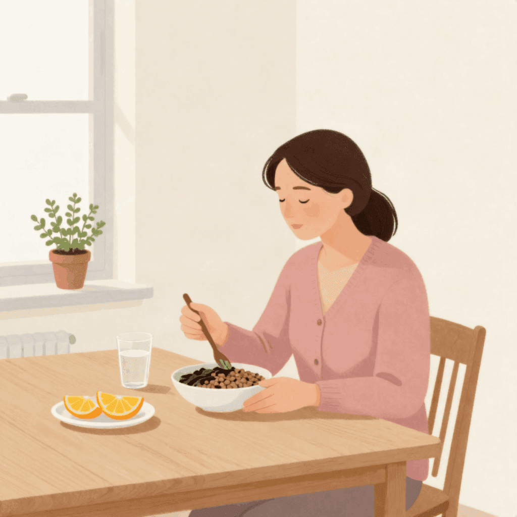 Illustration of a woman in a pink cardigan eating a bowl of lentils and greens at a wooden table, with orange slices and a glass of water.