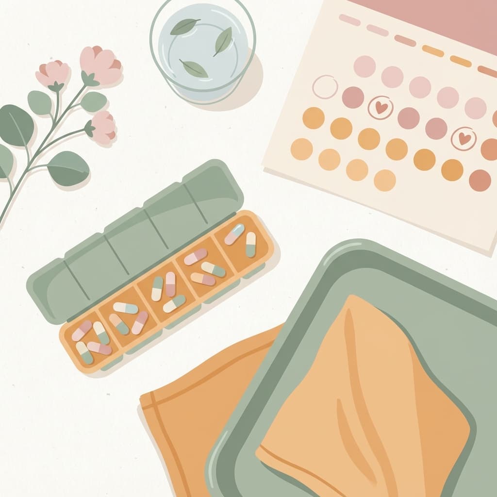 Flat-lay illustration of hormonal therapy options including pills and a calendar