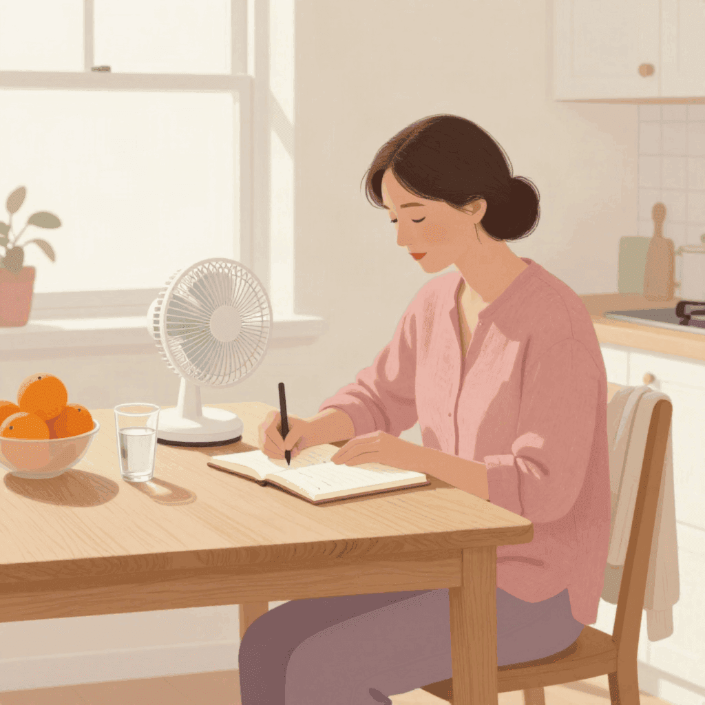 Illustration of a woman in a pink shirt writing in a notebook at a kitchen table, with a small desk fan, a glass of water and a bowl of oranges.