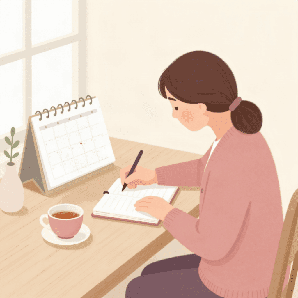 A woman in a rose cardigan writes in a notebook at a wooden table, next to a desk calendar and a cup of tea.