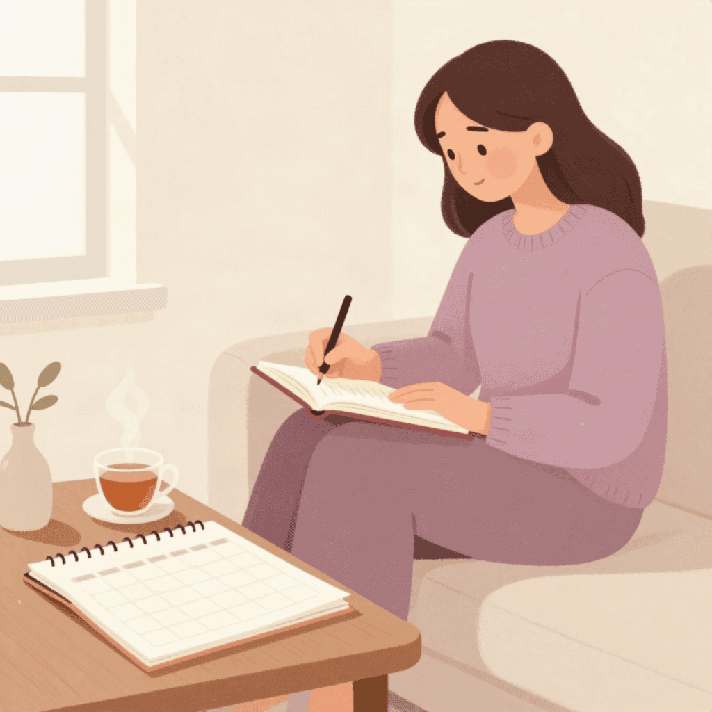 Illustration of a woman in a plum sweater on a sofa, writing in a small notebook, with a paper calendar and a cup of tea on the table beside her.