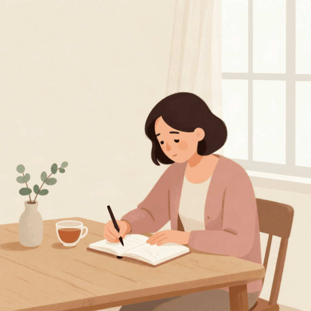 Illustration of a woman in a pink cardigan writing in a small notebook at a wooden table, with a cup of tea and a vase of eucalyptus beside her.