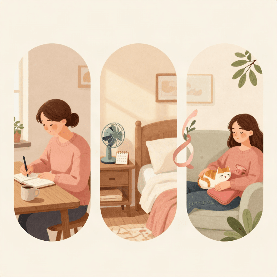 Three panels show a person writing in a notebook, a bedside table with a small fan and a calendar, and the same person resting on a sofa with a hot water bottle and a cat.