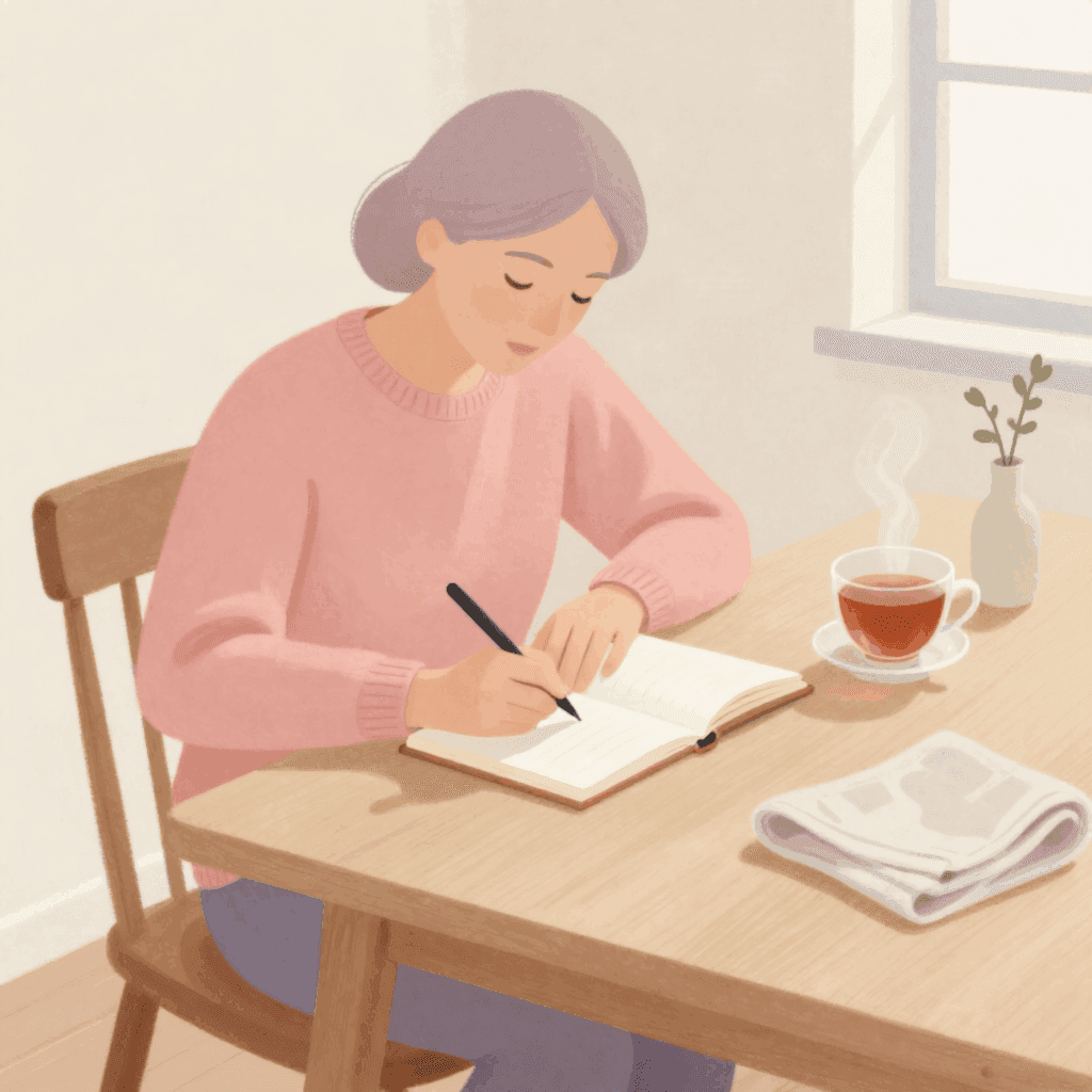 A woman in a pink sweater writes in a small notebook at a wooden table, with a cup of tea beside her.