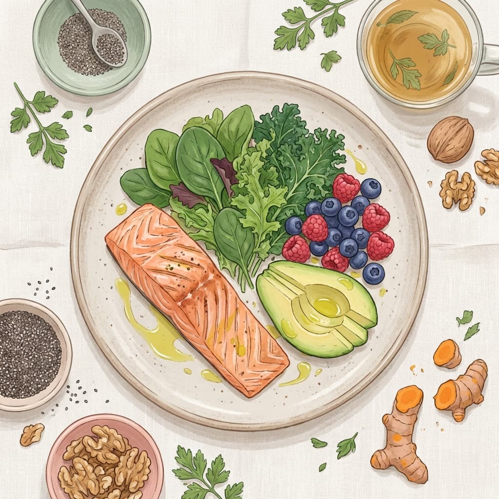 A vibrant, healthy plate of food including grilled salmon, a fresh spinach salad with blueberries and walnuts, and a side of avocado, representing an anti-inflammatory meal