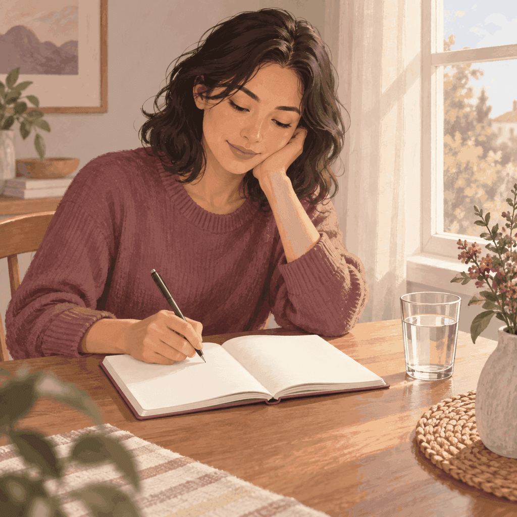 An adult writes in an open blank notebook at a table beside a glass of water and a sunlit window.