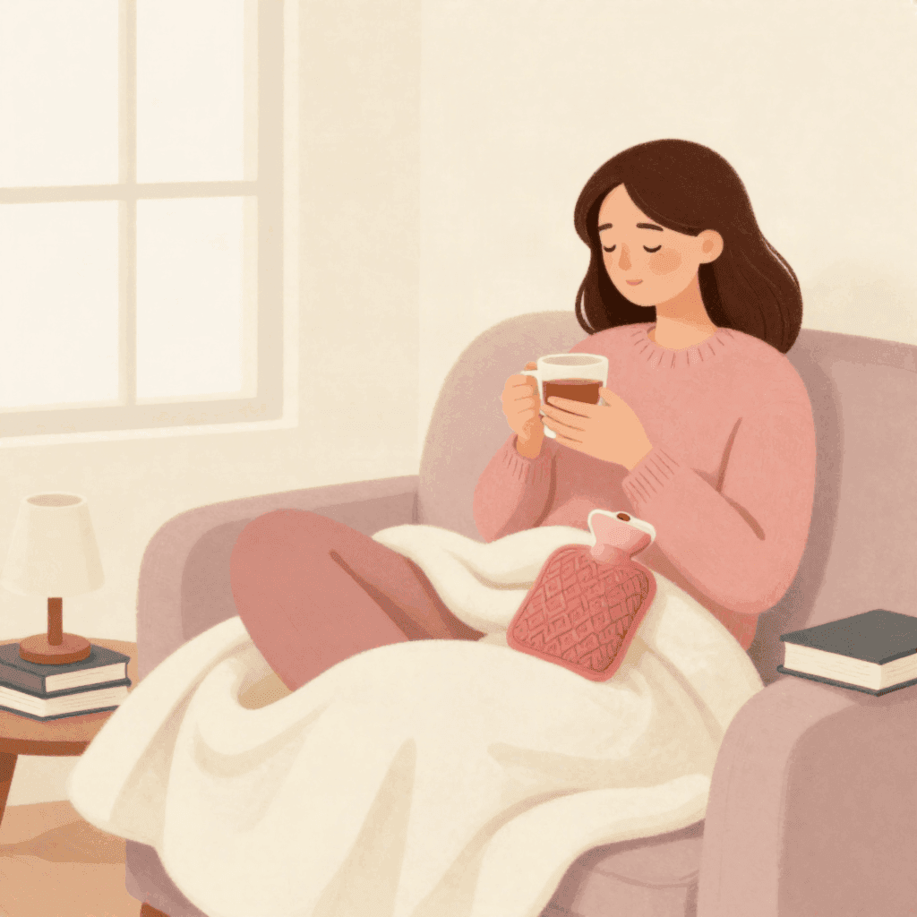 Illustration of a woman in a pink sweater resting in an armchair under a cream blanket, holding a mug of tea, with a hot water bottle on her lap.