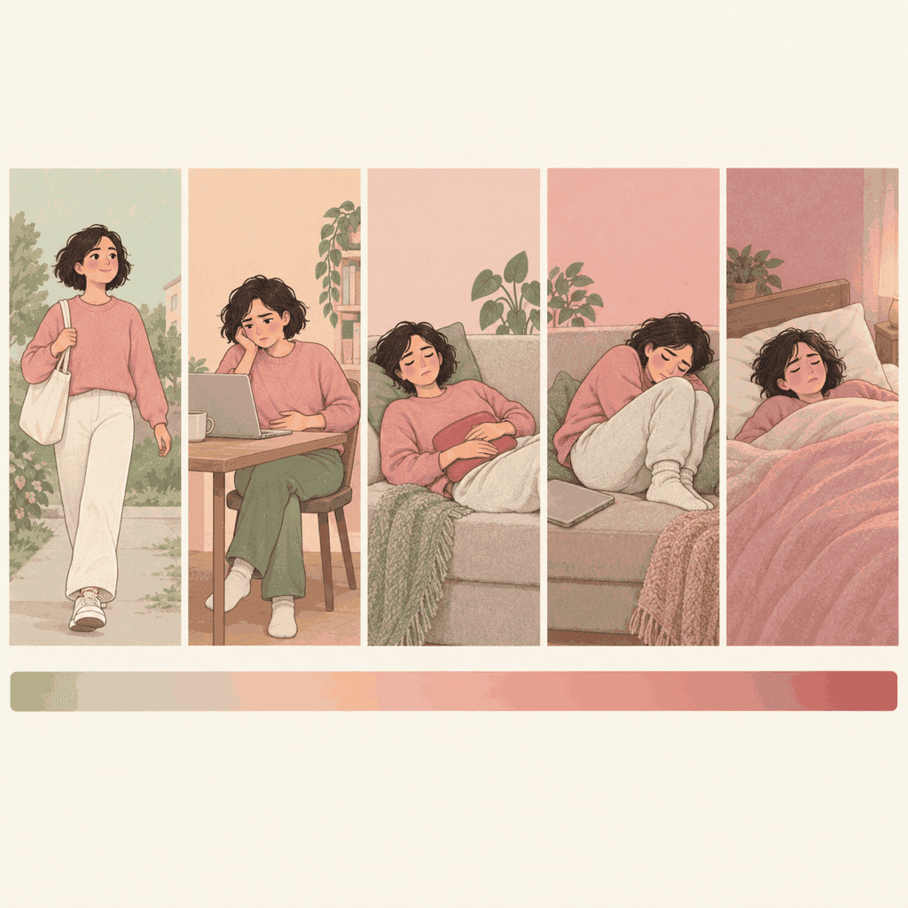 Five panels show daily activity becoming harder as period pain increases.
