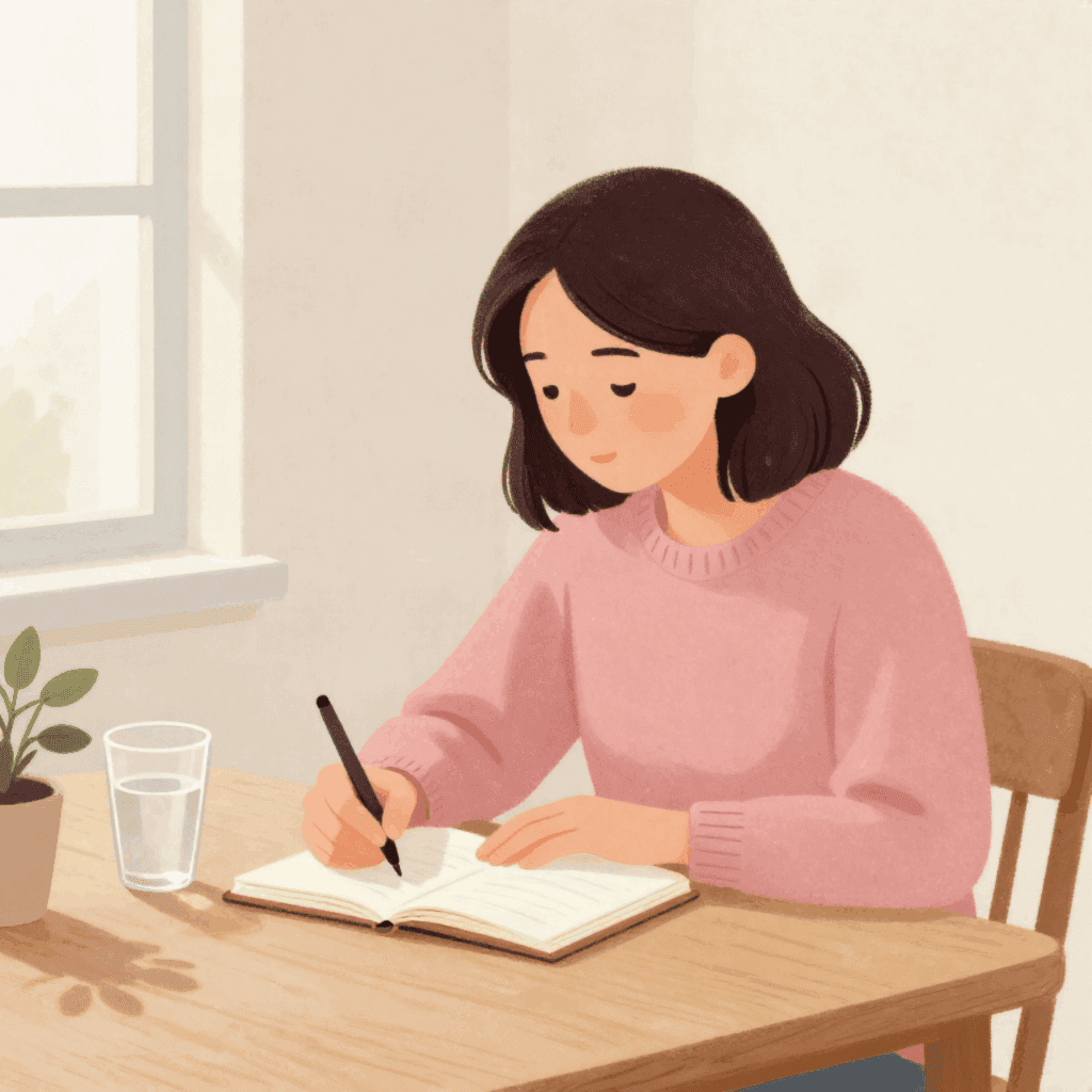 Illustration of a woman in a soft rose sweater writing in a small notebook at a wooden table, a glass of water and a small plant beside her.