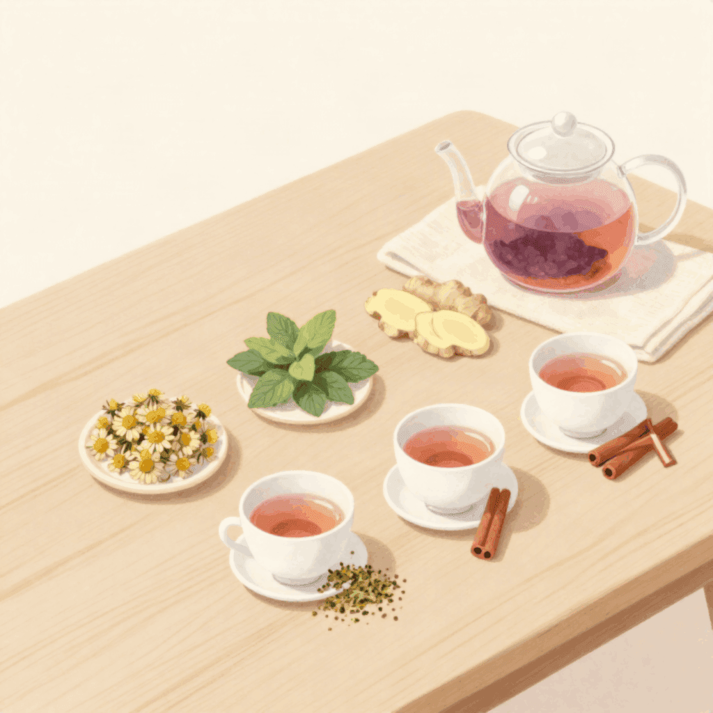 Illustration of four white cups of herbal tea on a wooden table, next to small dishes of chamomile flowers, mint leaves, ginger slices and cinnamon sticks, with a glass teapot.