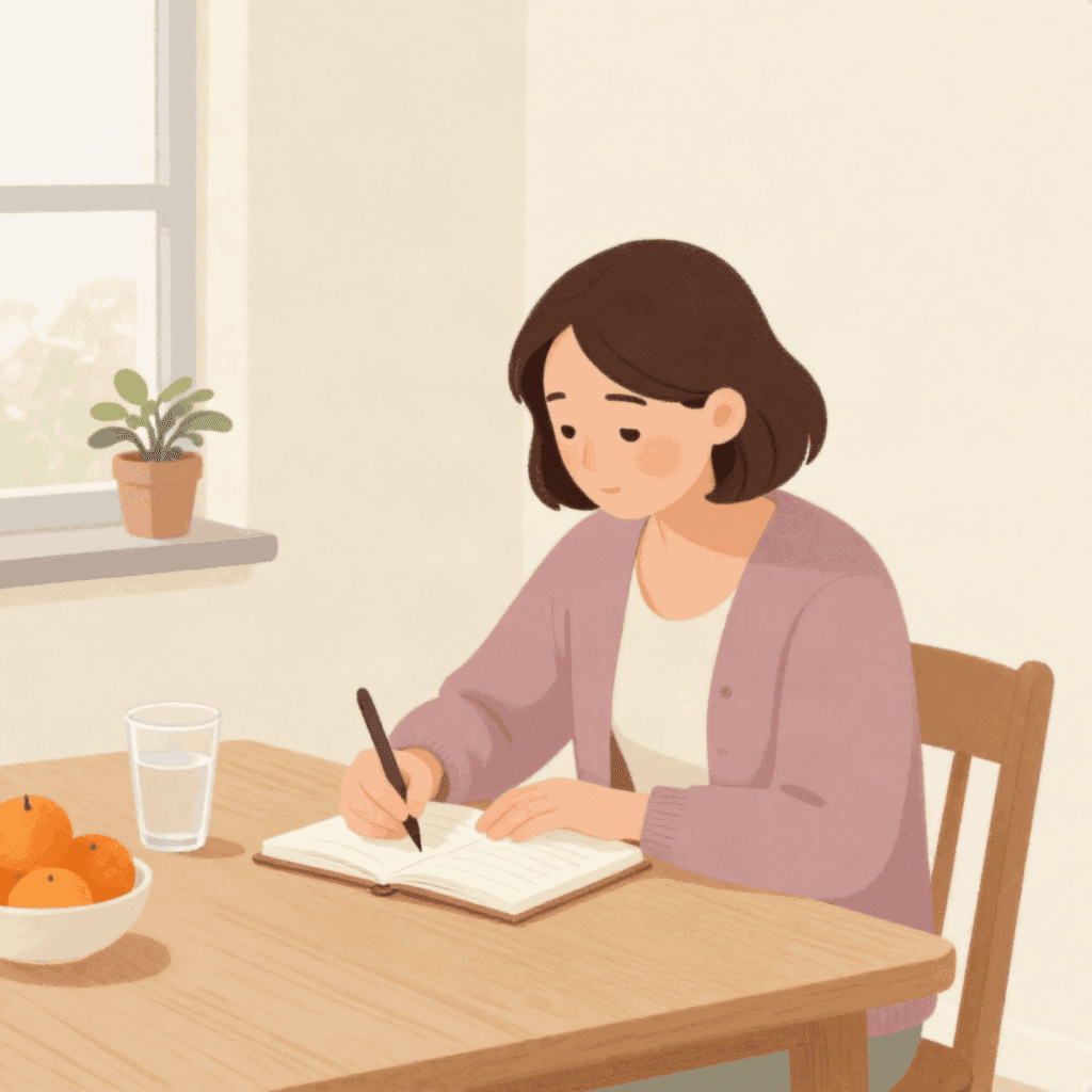 Illustration of a woman in a plum cardigan writing in a notebook at a wooden kitchen table, with a glass of water and a bowl of clementines.