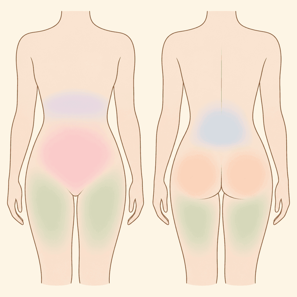 Body map of period pain. On the left, a front view of a woman's body with pink over the lower belly and pelvis, a faint lavender band over the upper belly just below the ribs, and green over the front of the upper thighs. On the right, a back view with blue over the lower back, peach over both buttocks, and green over the back of the upper thighs.