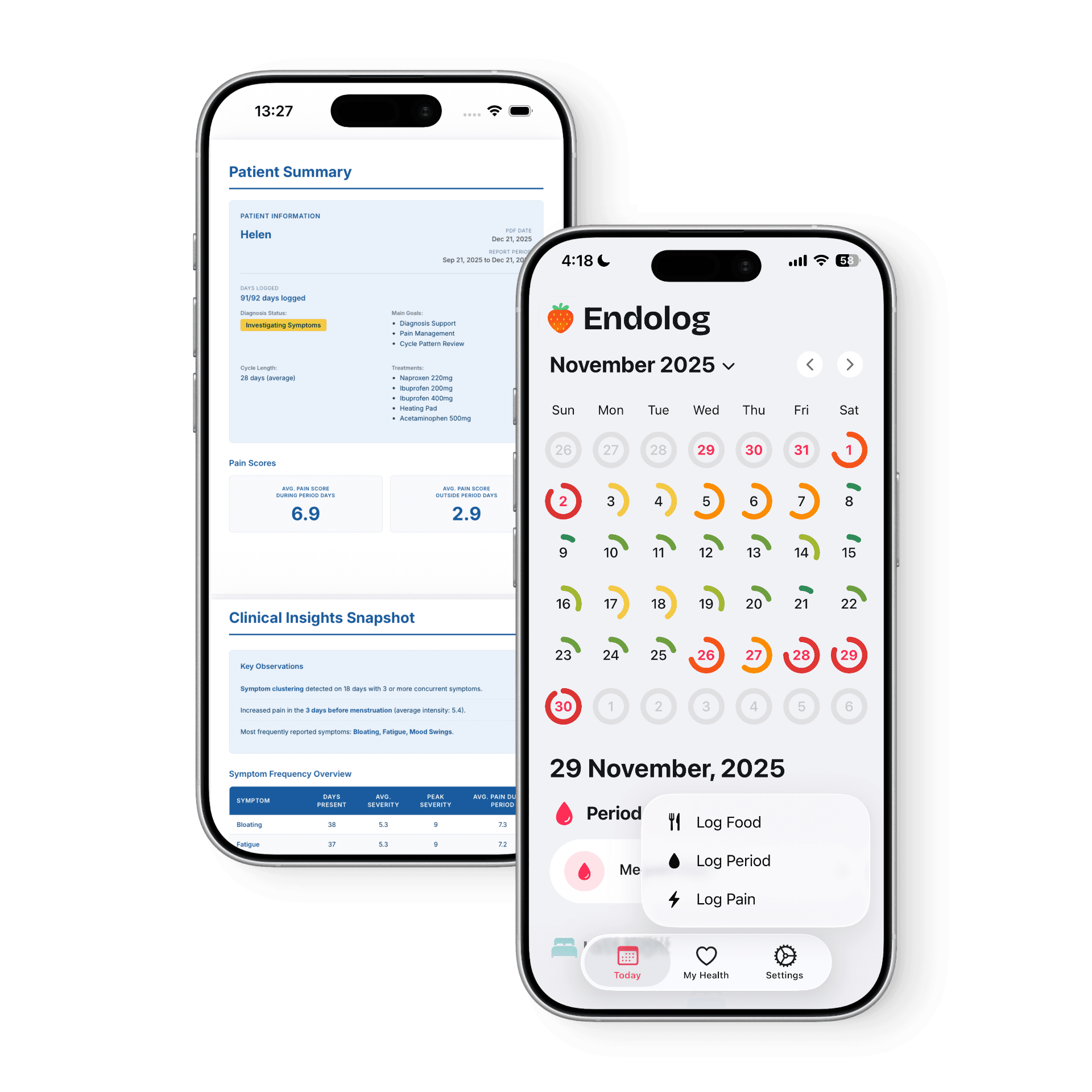 Endolog PDF patient summary on iPhone next to the calendar view