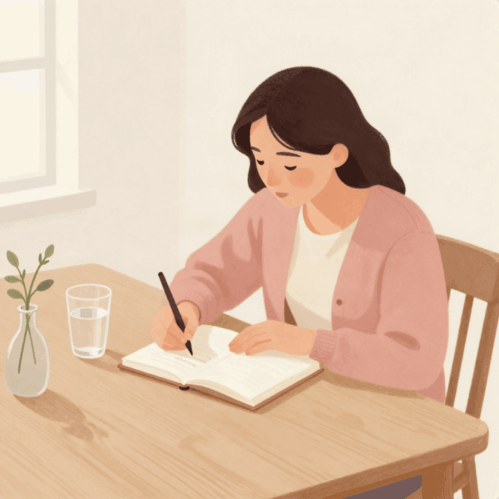 Illustration of a woman in a pink cardigan writing a short list in a small notebook at a wooden table, a glass of water and a small vase beside her.