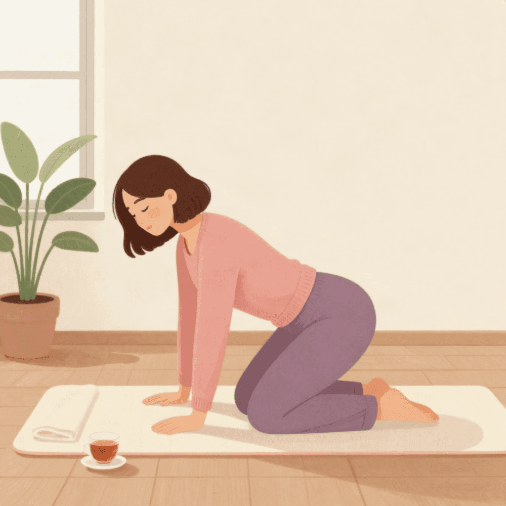 Illustration of a woman in a pink sweater doing a gentle stretch on her hands and knees on a mat, with a cup of tea beside her.