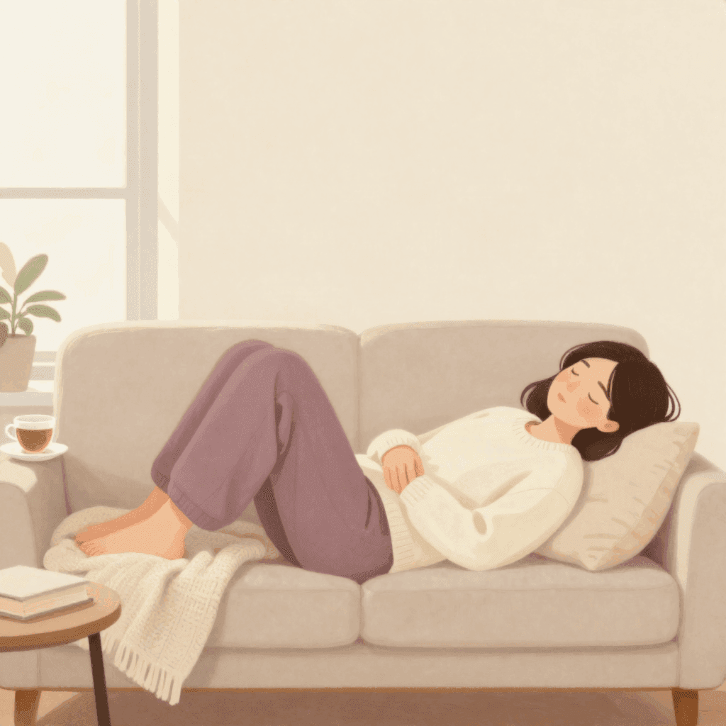 Illustration of a woman resting on her side on a sofa with her knees bent, a cup of tea and a book on a small table beside her
