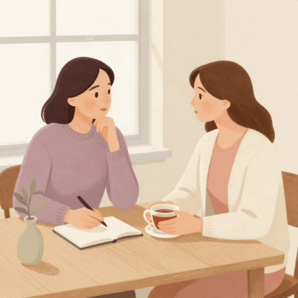 Two adults sit at a table with a notebook and talk through questions before surgery