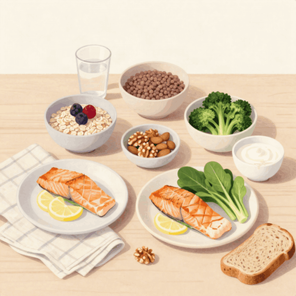 Illustration of a wooden table set with plain bowls and plates of baked salmon with lemon, oats with berries, lentils, broccoli, spinach, walnuts and almonds, yogurt and a slice of wholegrain bread.