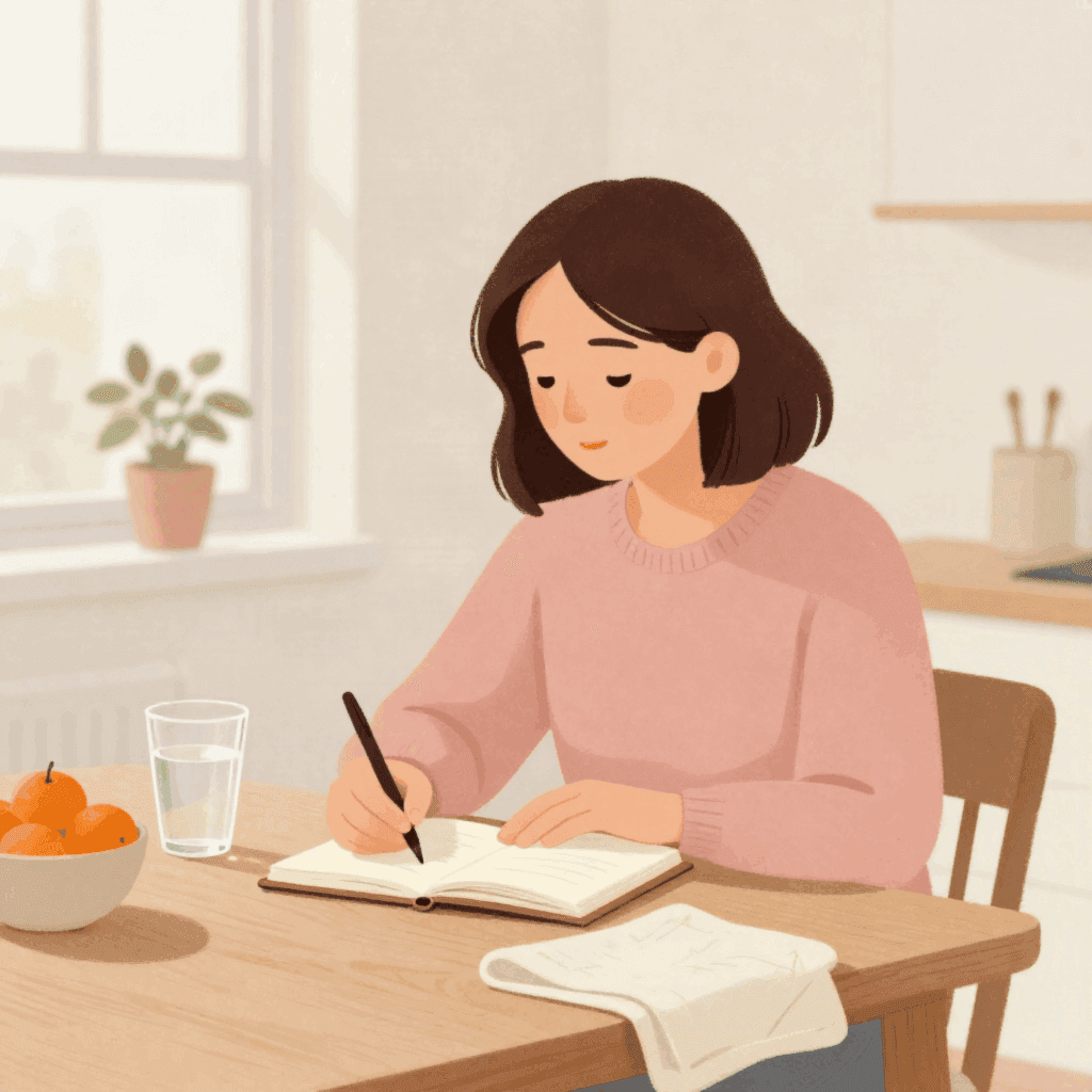 Illustration of a woman with dark hair in a pink sweater writing in a small notebook at a kitchen table, with a glass of water and a bowl of clementines beside her.