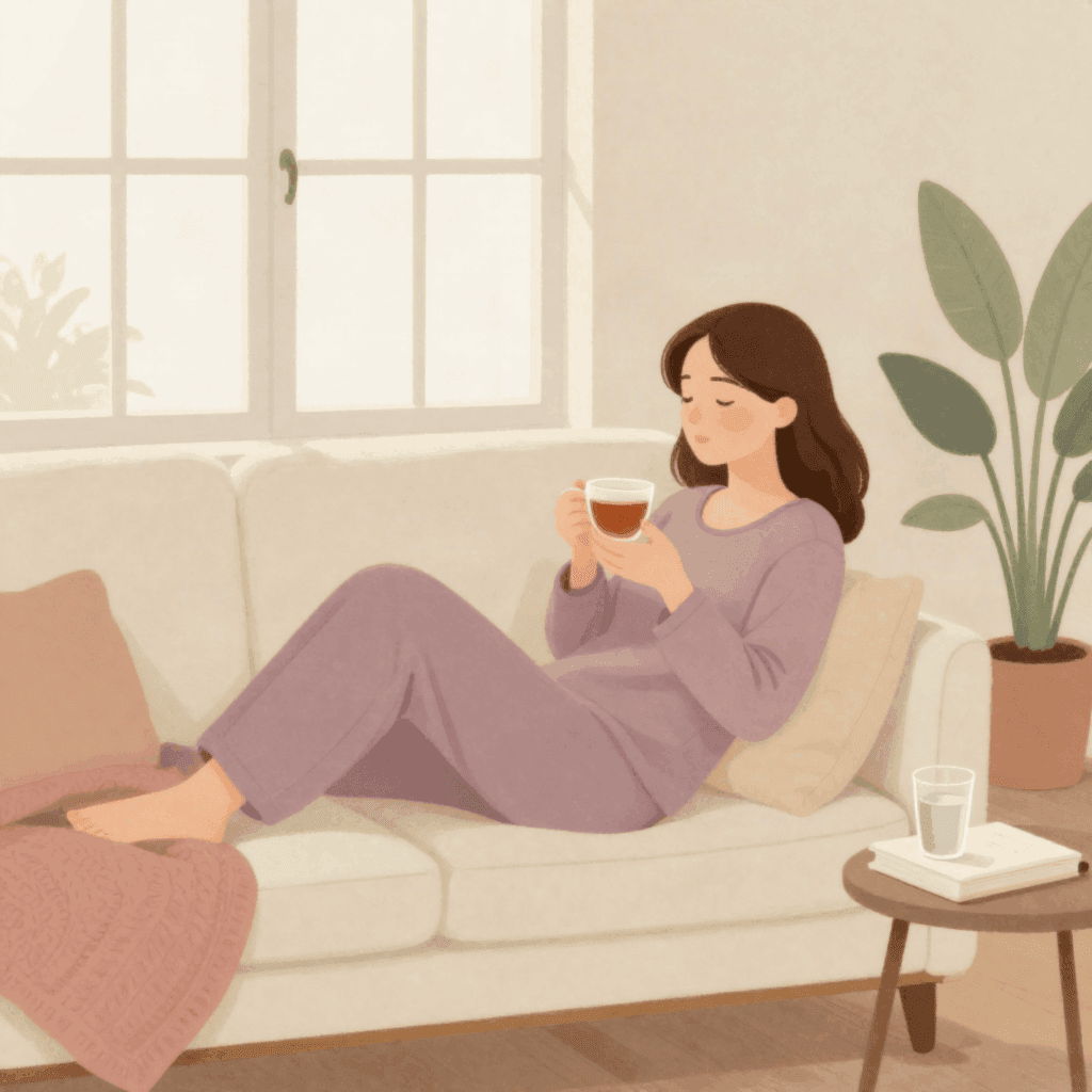 A woman rests on a sofa against cushions with a cup of tea in soft daylight