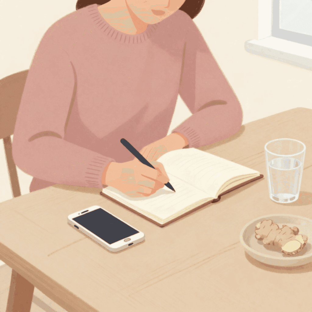 Illustration of a woman in a pink sweater writing in a small notebook at a wooden table, with a phone, a glass of water and a dish of fresh ginger beside her.