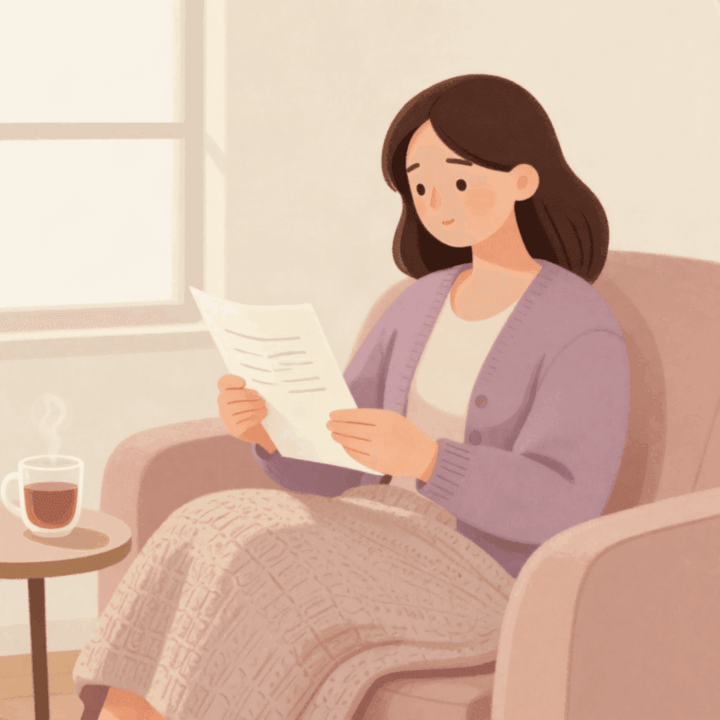 Illustration of a woman in a lilac cardigan reading a sheet of paper in a pink armchair, with a blanket over her knees and a cup of tea on a small table beside her.