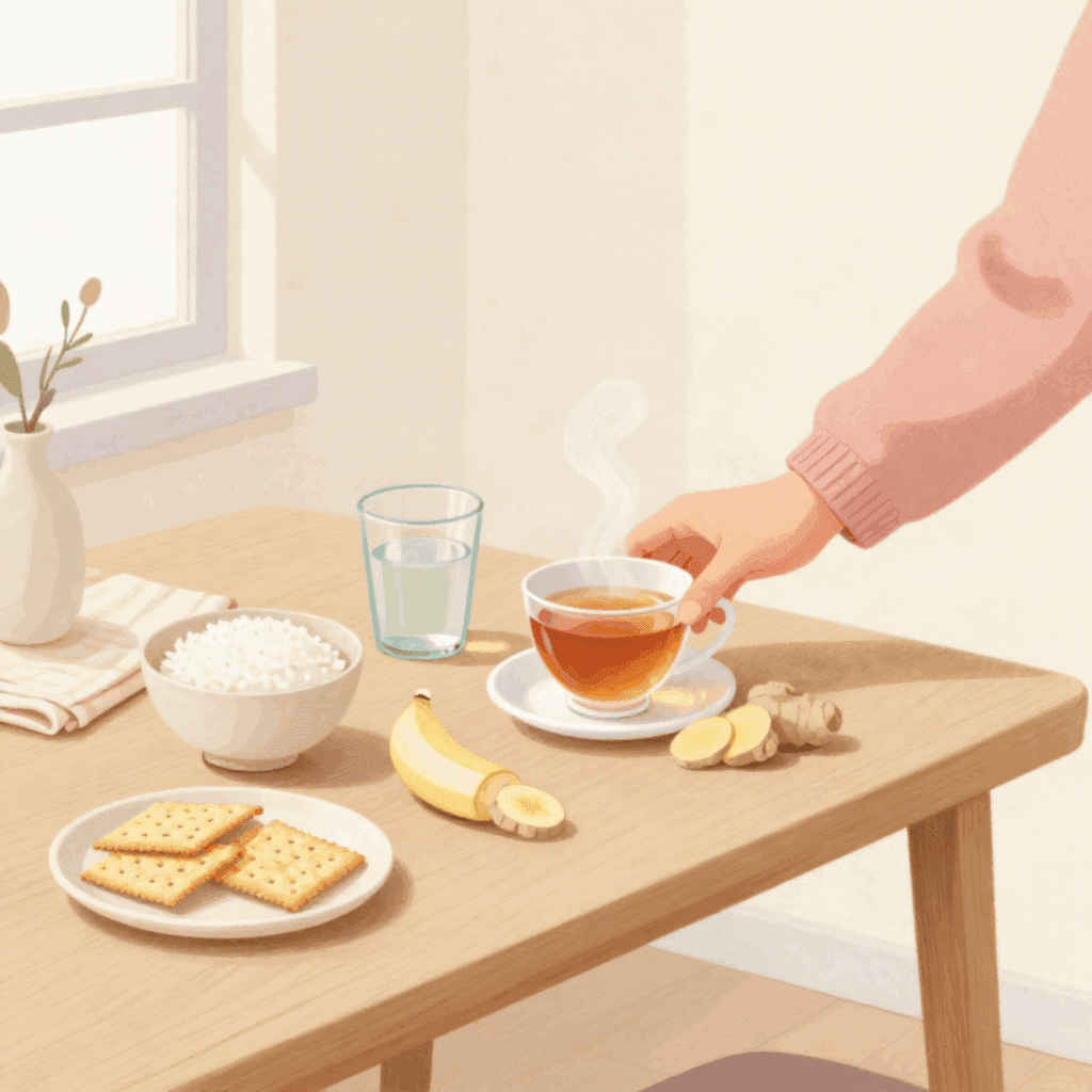 Illustration of a wooden table with plain crackers, a bowl of rice, a banana, a glass of water and a cup of ginger tea with slices of fresh ginger, and a hand in a pink sleeve reaching for the tea.