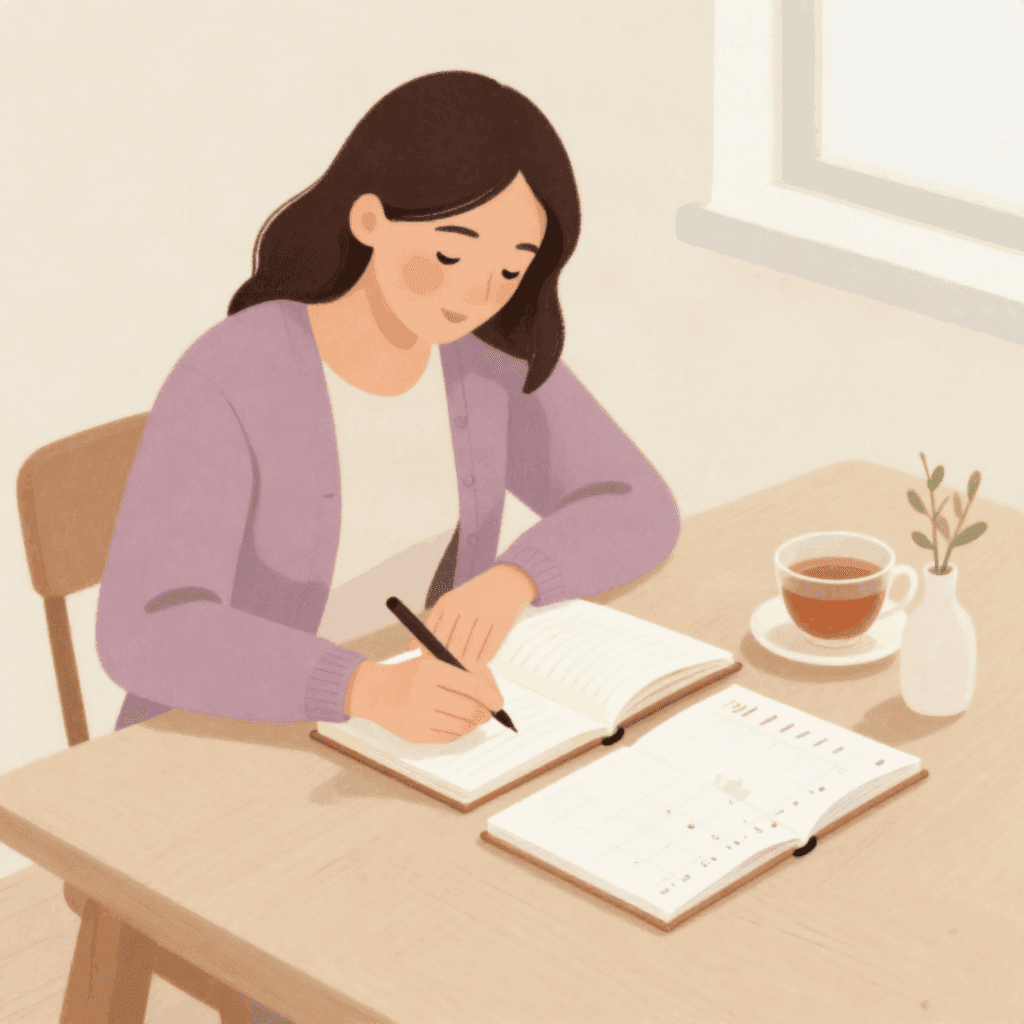 Illustration of a woman in a plum cardigan writing in a notebook at a table, with an open paper calendar and a cup of tea beside her