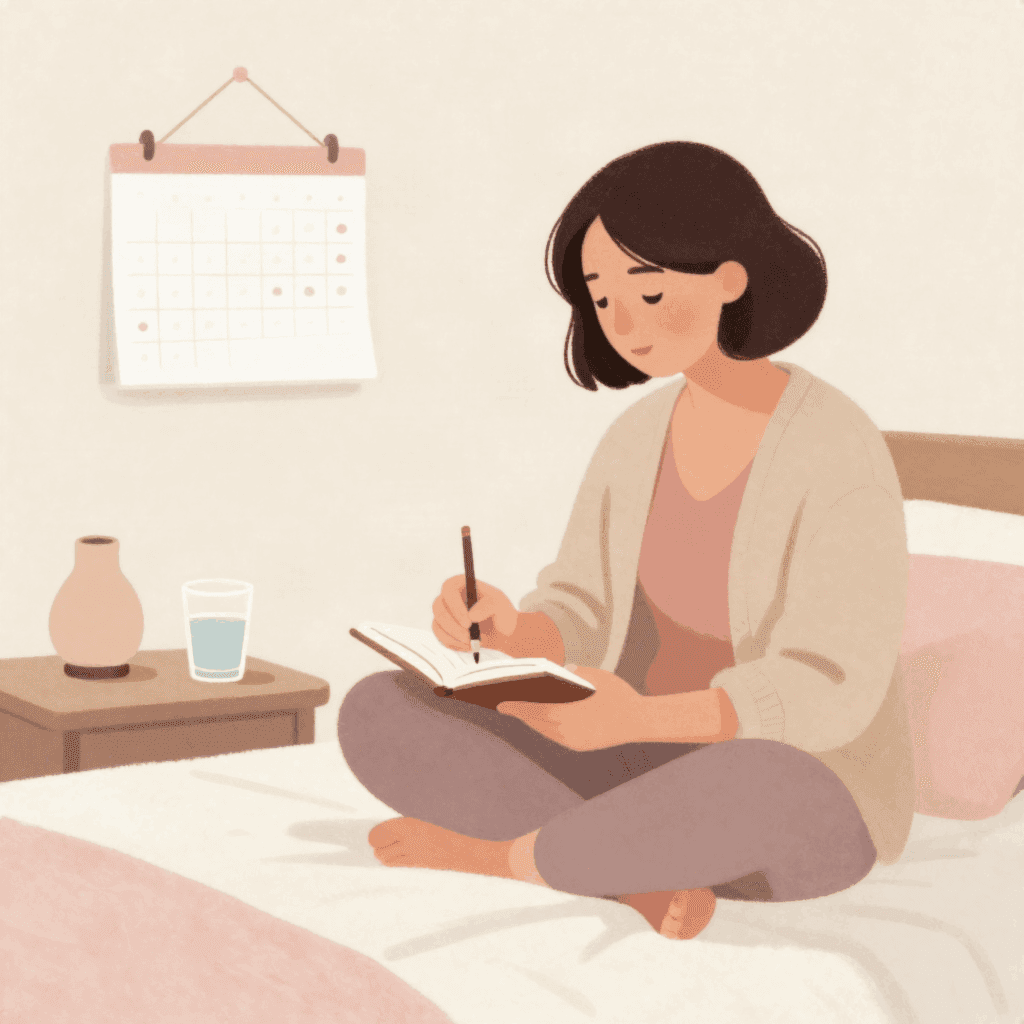 Illustration of a woman in a cream cardigan sitting cross-legged on a bed, writing in a small notebook, with a glass of water on the bedside table and a wall calendar above