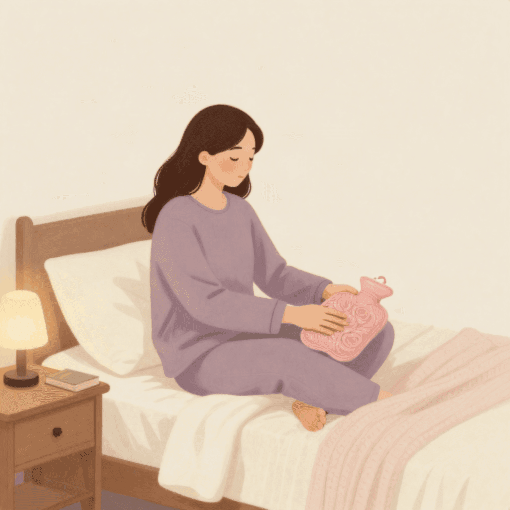 Illustration of a woman in lilac pajamas sitting on her bed in the evening, holding a hot water bottle in a pink knitted cover, with a lamp glowing on the bedside table.