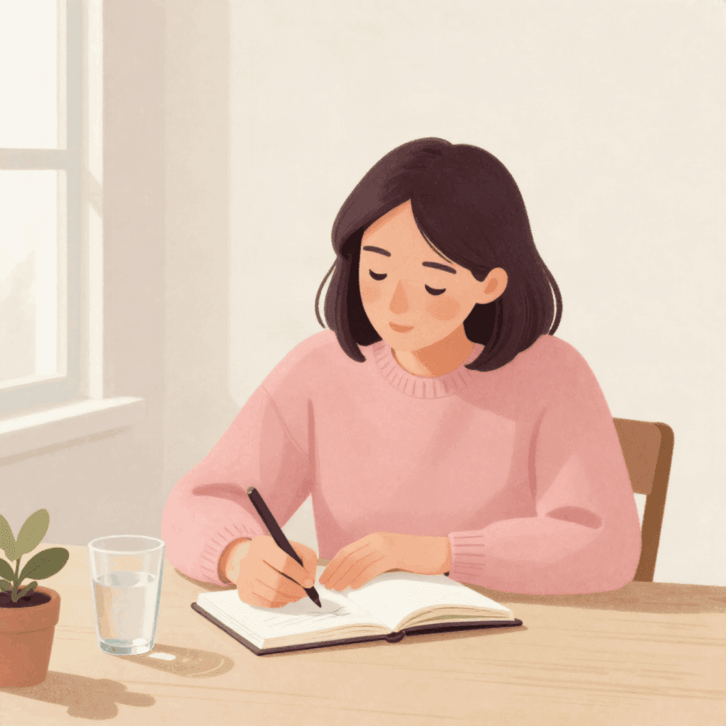 Illustration of a woman in a soft pink sweater writing in a small notebook at a wooden table, a glass of water and a small plant beside her.