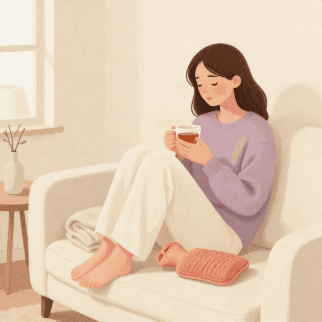 Illustration of a woman in a lilac jumper sitting on a sofa with a cup of tea, a hot water bottle in a knitted cover beside her.