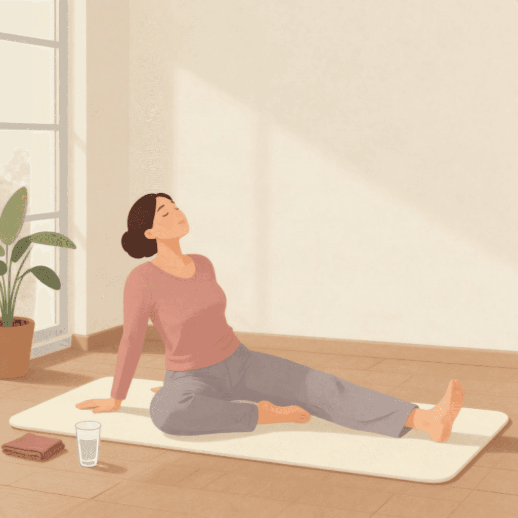 Illustration of a woman in a pink top and grey trousers sitting on a cream mat by a sunny window, leaning back on her hands with her eyes closed, with a glass of water and a folded towel beside her.