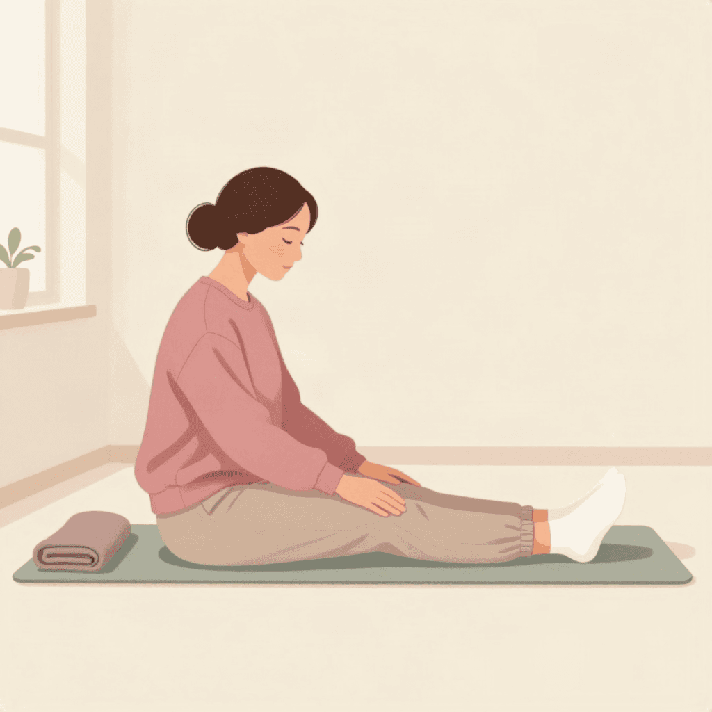 Illustration of a woman in a pink sweatshirt and loose trousers sitting on a yoga mat with her legs out in front, leaning forward a little with her hands on her knees.